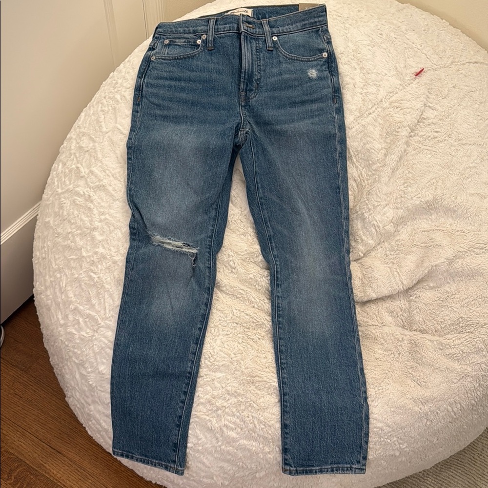 Madewell Blue Straight Leg Jeans with Distressed Details